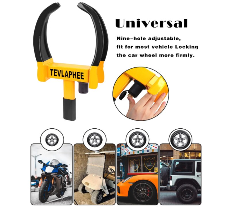 Tevlaphee Universal Wheel Lock, yellow and black clamp